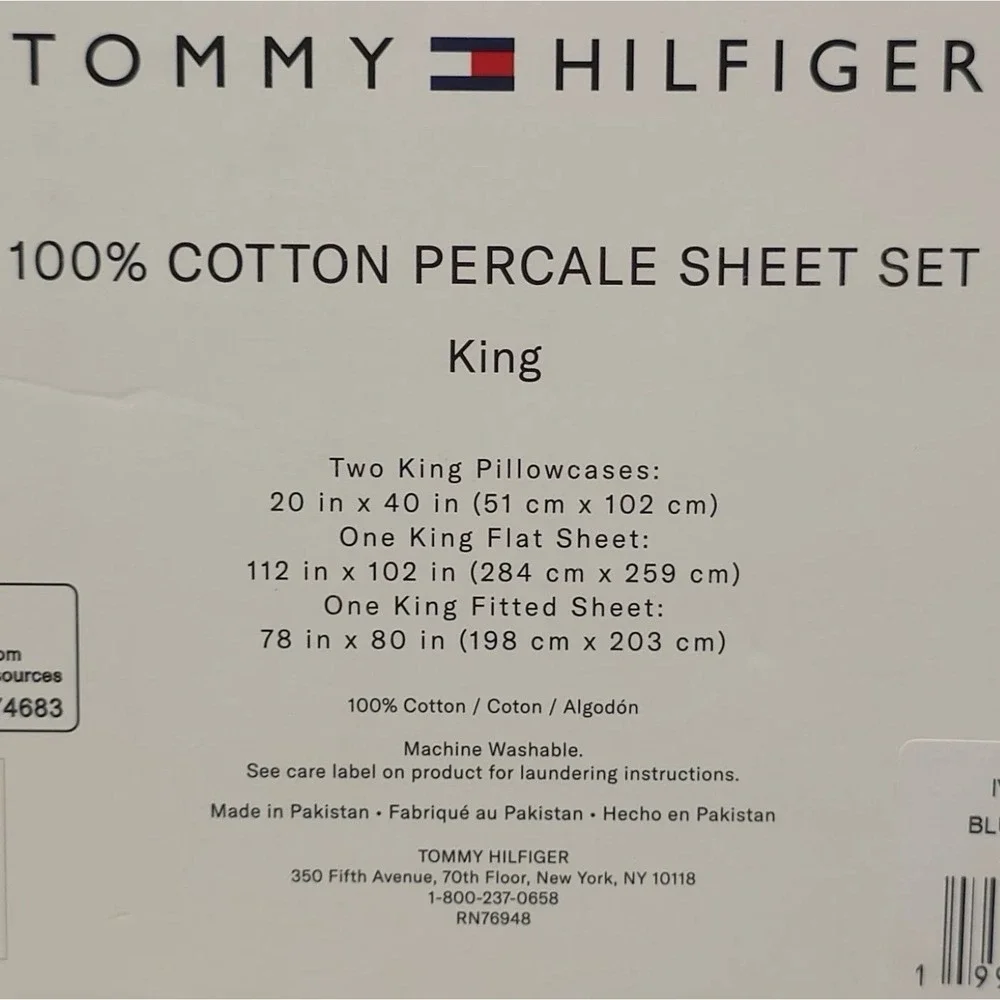 Tommy Hilfiger 100% Cotton Percale King Sheet Set Blue Stripe 4-Piece Denim Blue